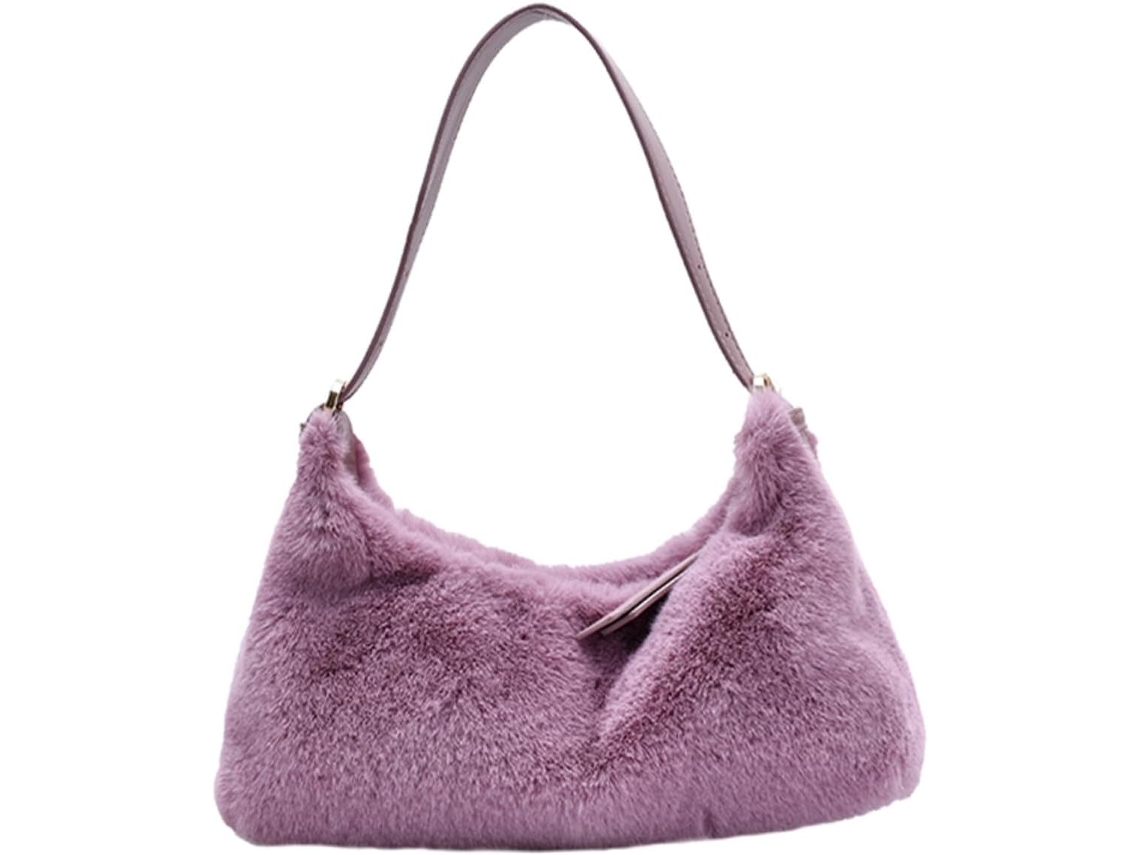 Bolsa De Ombro Feminina Em Pelúcia Roxa, Com Zíper, Design Versátil E Moderno.