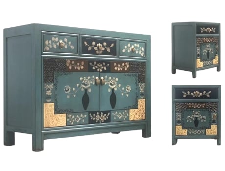 Combinação De Móveis Asiáticos Vintage, Cômoda, Aparador, Mesa De Cabeceira, Mesa De Cabeceira, 3 Peças, Azul Marrom Vintageasia