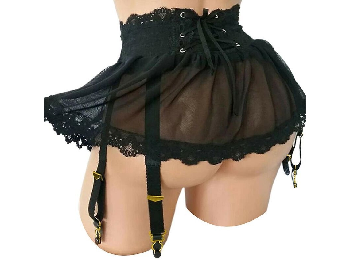 Falda Corta De Encaje Transparente Para Mujer Con Cordones Y Detalles De Encaje L Negro