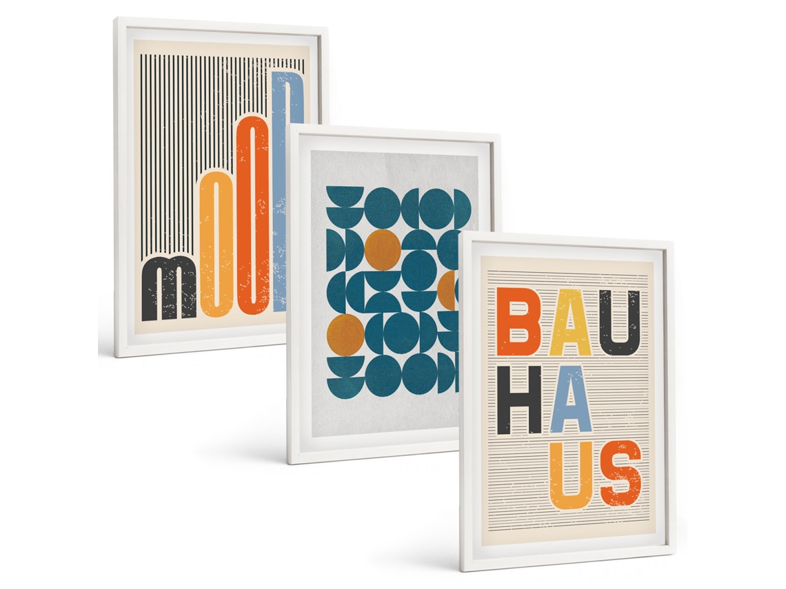 Conjunto De Pinturas Padrões Geométricos, Bauhaus Moldura Branca Pinturas De Quarto Espelharte (3 Piezas De 40x60 Cm)