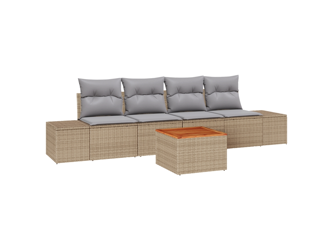 Conjunto 5 De Sofá De Jardim Com Almofadas Vidaxl Bege Rattan Poliéster Acácia