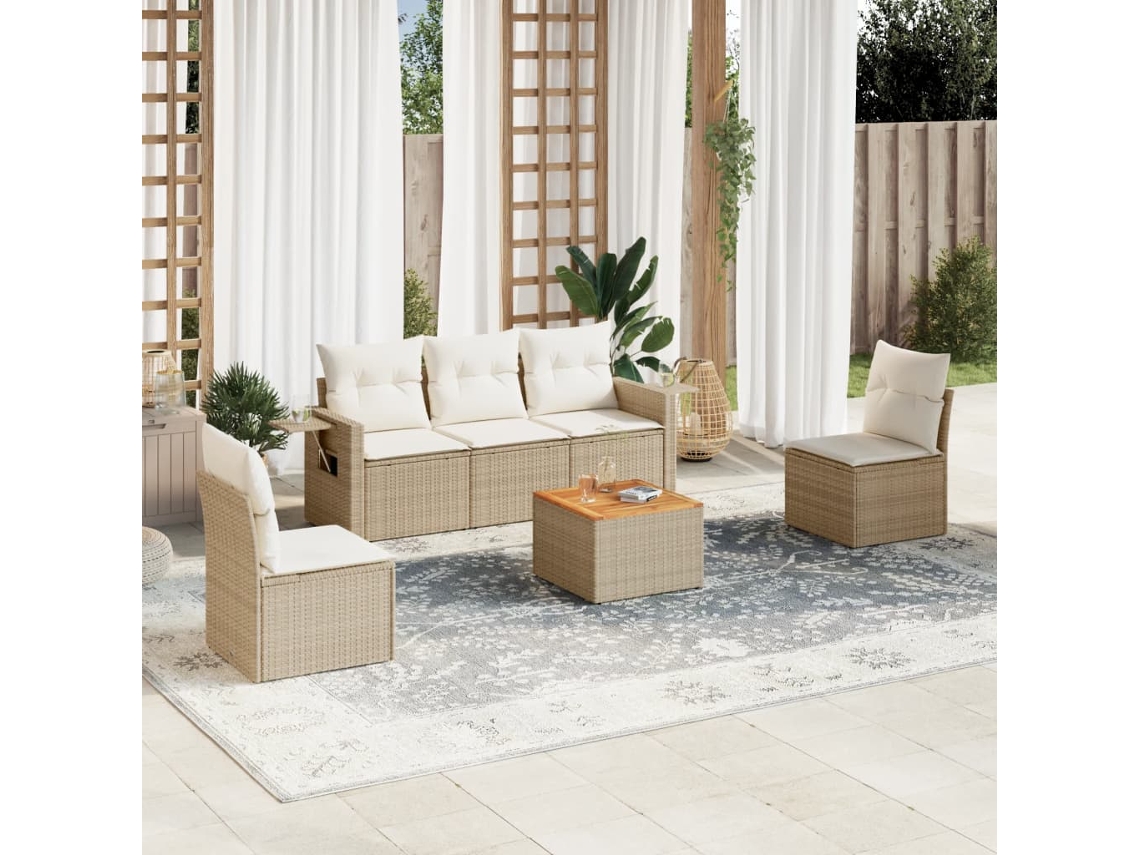 Vidaxl 6 Pcs Conjunto De Sofás P/ Jardim Com Almofadões Vime Pe Bege