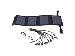 Painel solar portátil dobrável Primerox de 10 W para transporte via USB, ideal para viagens e camping.