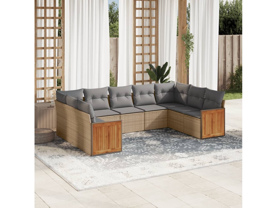 Vidaxl 9 Pcs Conjunto De Sofás P/ Jardim Com Almofadões Vime Pe Bege