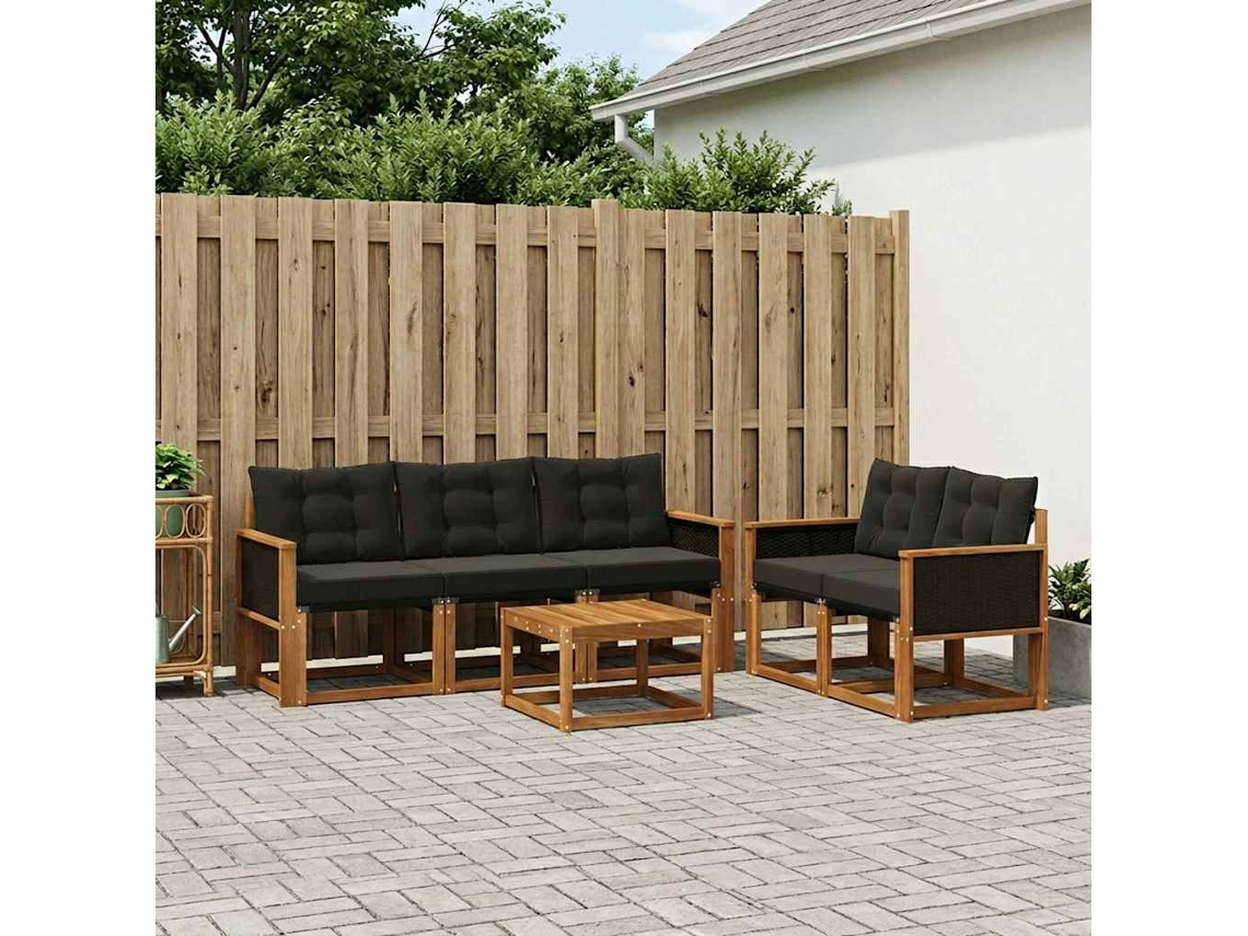 Vidaxl Conjunto De Sofás Para Exterior 6 Unid. Natural E Preto