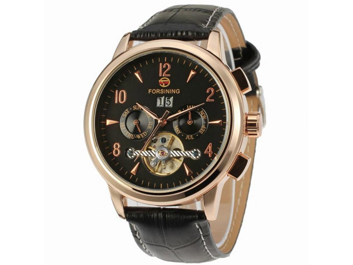 Relógio de pulso mecânico automático masculino Forsining com calendário, preto e dourado.