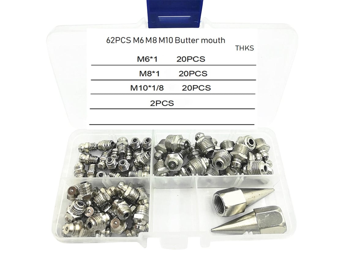 Kit de 62 peças para graxeiras M6/M8/M10, conjunto de bicos de graxa com caixa plástica.