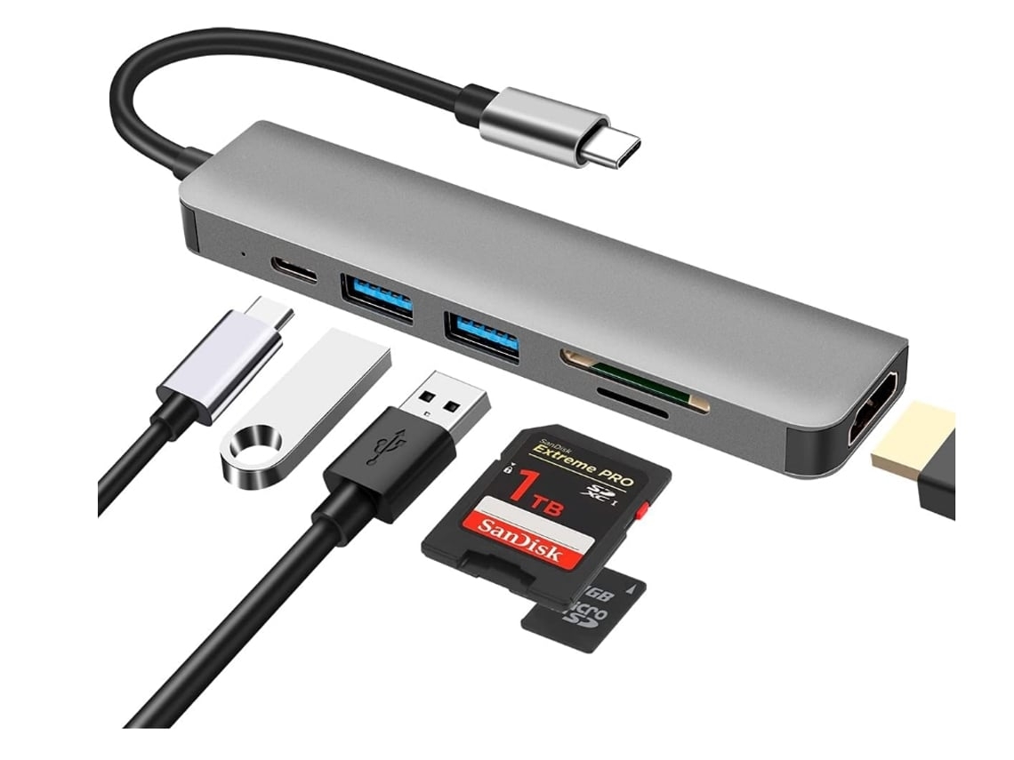 Hub Usb Tipo C 6 em 1 com Hdmi 4K Leitor de Cartão Sd/Tf Carregamento de Energia de 100 W Compatível com Macbook Pro/Macbook Air/Xps e Mais