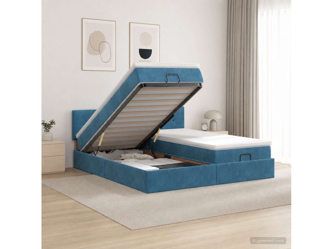 Vidaxl Cama Ottoman Com Colchão 2 Unid. Azul Escuro Veludo