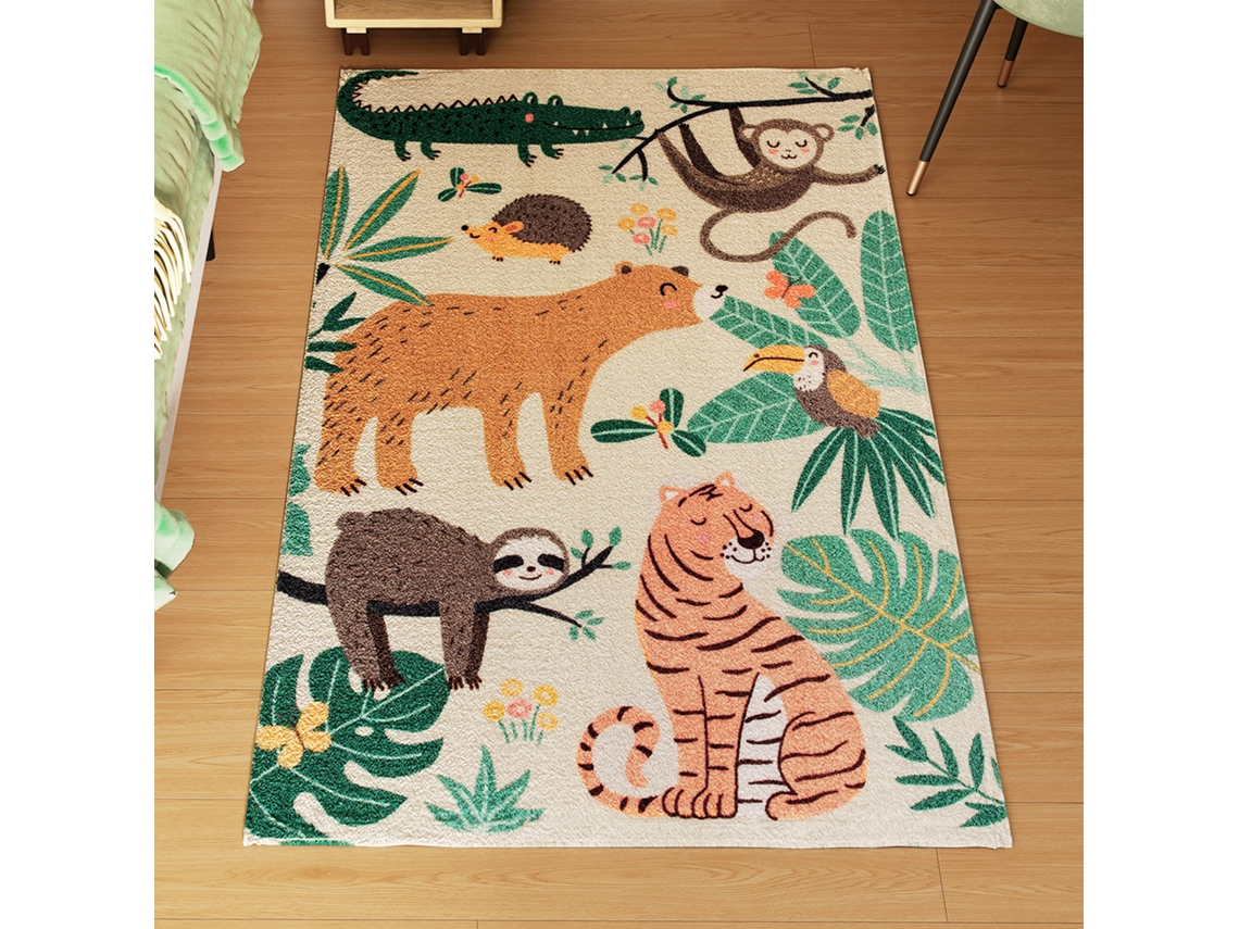 Tapete Polar Padrão Selva Fácil De Limpar Creme E Multicor