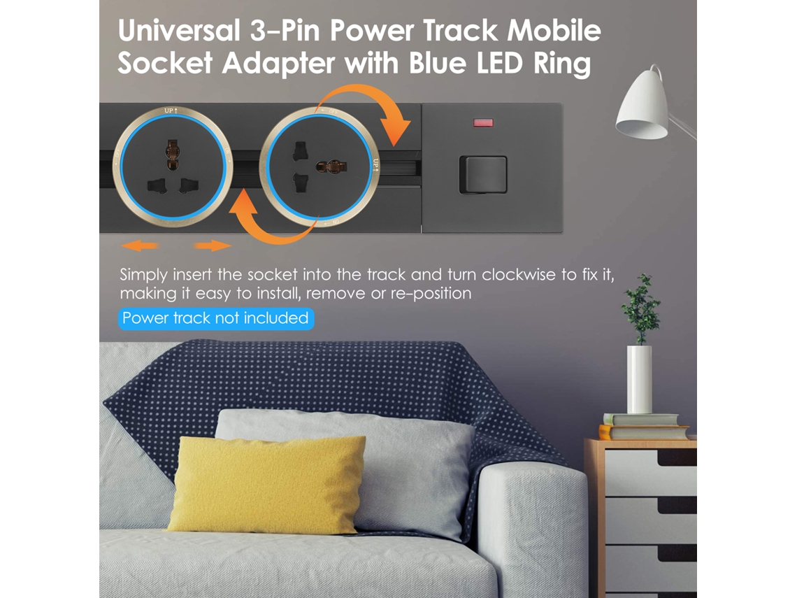 Tomada de trilho elétrica universal YURU 3 pinos com anel LED azul, adaptador seguro