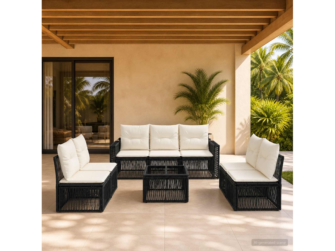 Vidaxl Conjunto De Sofá De Jardim 8 Unid. Preto E Branco Creme Vime Pe