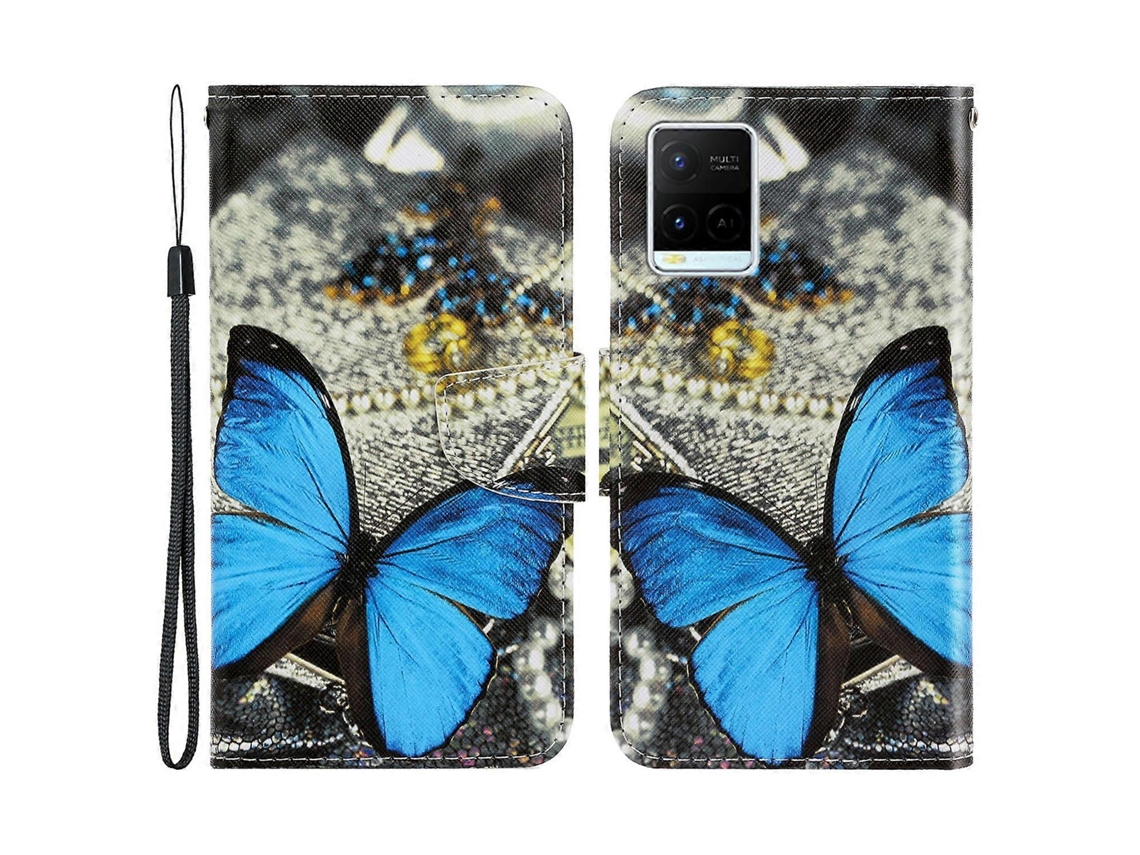 Compre Capa Com Estampa Anti-riscos E À Prova De Quedas, Em Couro Pu, Tipo Carteira, Com Textura Cruzada, Para Vivo Y21/y21s/y33s, Borboleta Azul