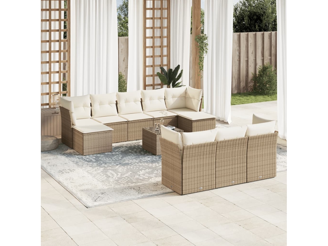 Vidaxl 11 Pcs Conjunto Sofás De Jardim C/ Almofadões Vime Pe Bege