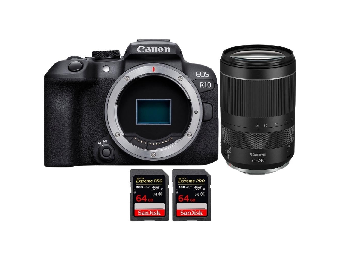 Eos R10 + Rf 24 240mm F4 6.3 Is Usm + 2 Sandisk 64gb Uhs ii 300mb/s Máquina Fotográfica Híbrida Aps c + Ebook Pricedirect CANON