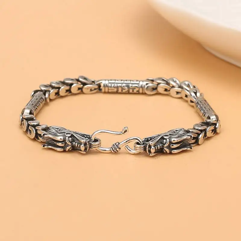 Pulseira Tailandesa Artesanal Em Prata De Lei (18cm) Para Homens - Pulseira Poderosa Com Cabeça Dupla De Dragão
