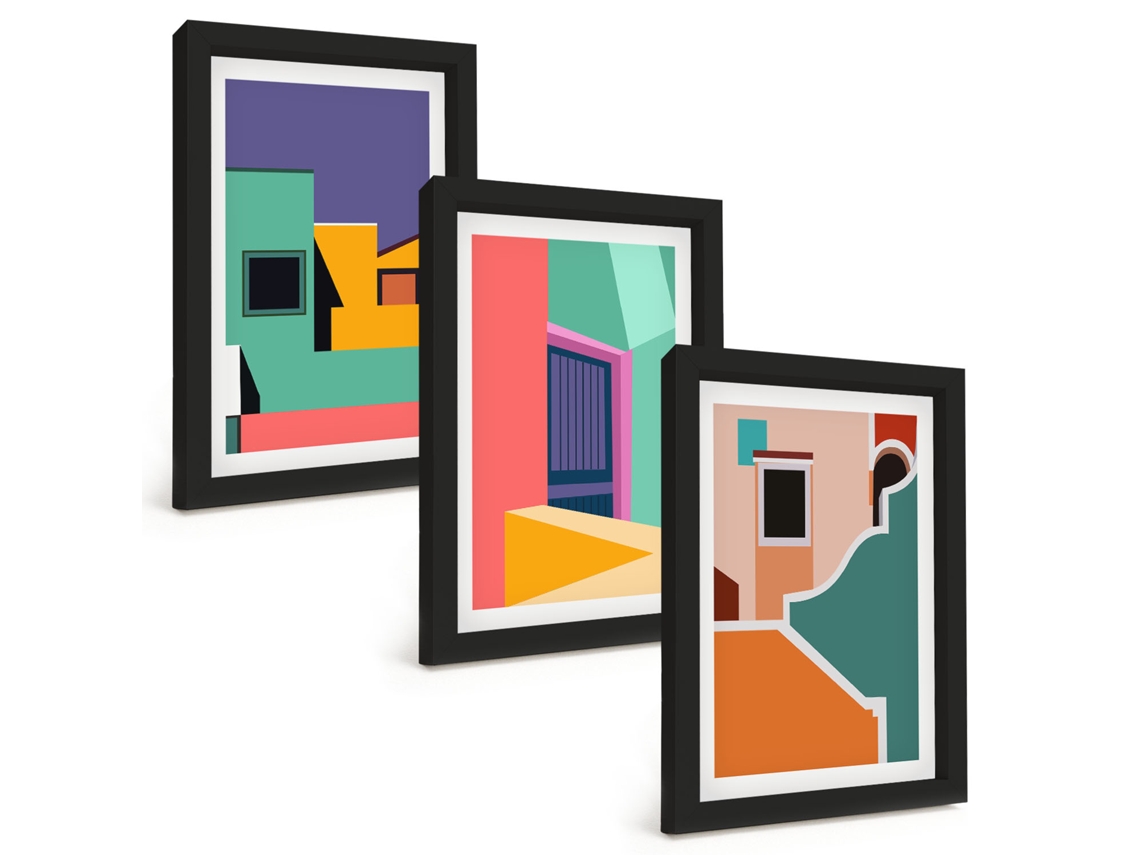 Composição De Quadros Ilustrações De Cidades Coloridas Espelharte (3 Peças 20x30 Cm)