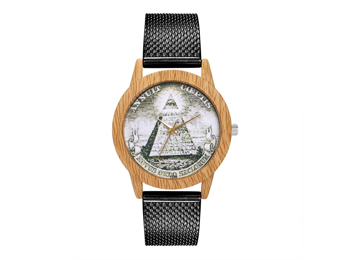 Relógio de pulso unissex de quartzo com pulseira de malha elegante e mostrador redondo preto.