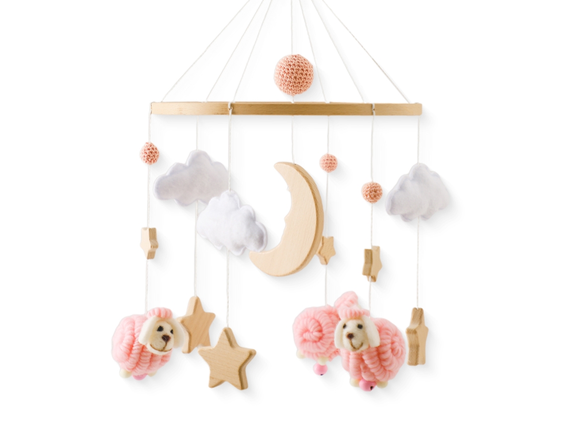 Móbile para Berço Infantil, Carrinho de Bebê, Chocalho Relaxantemóbile de Cama com Ovelha Rosa, Estrela e Lua CHENNNLS