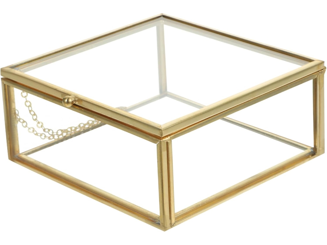 Caixa De Joias Em Vidro Transparente Com Moldura Em Liga Dourada, Ideal Para Guardar Joias E Perfumes.