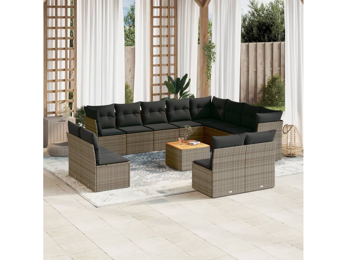 Jogo 13 Peças Sofás P/ Jardim C/ Almofadões Vime Pe Cinza Dkd Home Decor