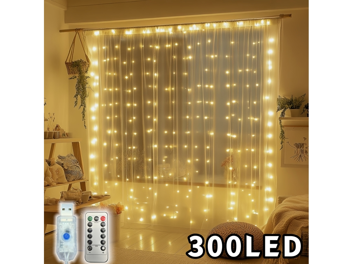 Cortina de Luzes Fada Julfe com 300 Leds, Controle Remoto, Entrada Usb, 8 Modos, Temporizador e Dimmer para Decoração de Parede Quarto BRILVIBERA