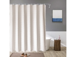 Cortina Duche Xadrez Com Franjas - Anti Bolor - Casa Banho - Poliéster/linho - Bege - 183x213 Cm