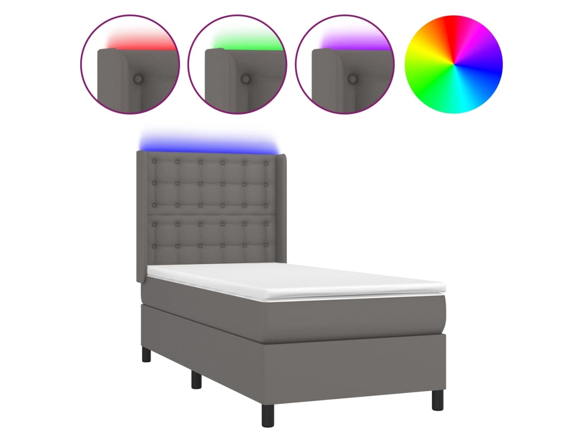 Cama Box Spring com Colchão e Led Couro Artificial Cinza MAISON EXCLUSIVE (100x200 cm)