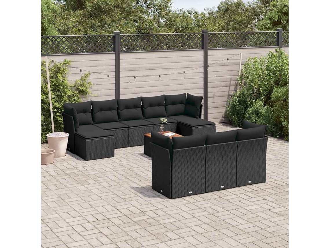 Vidaxl 11 Pcs Conjunto Sofás De Jardim C/ Almofadões Vime Pe Preto