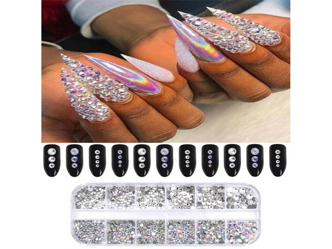 Decorações De Strass Para Arte De Unhas (caixa Retangular De 12 Divisórias, Iridescente Transparente) Eoocoo