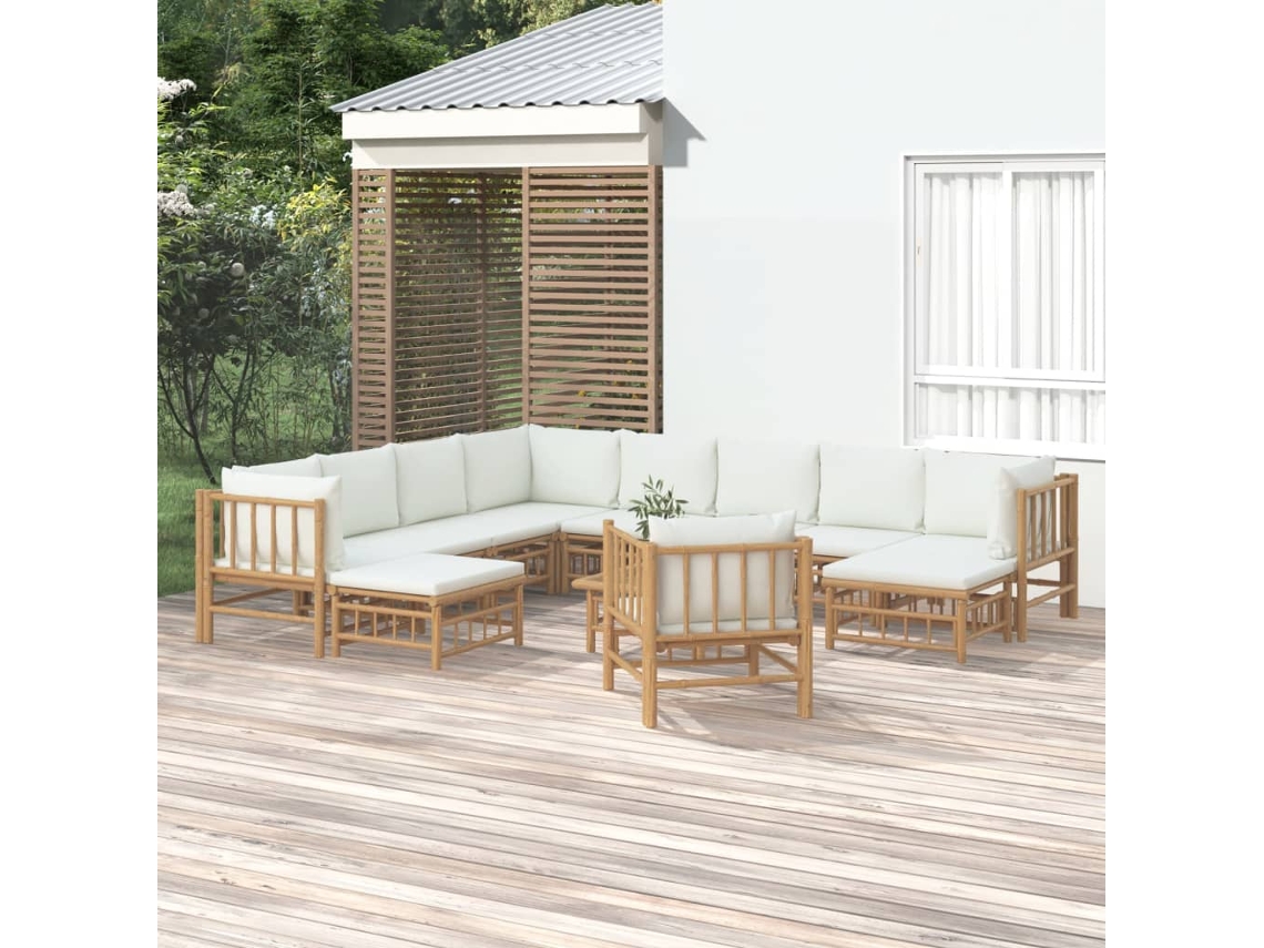 Vidaxl 12pcs Conjunto Lounge De Jardim Bambu C/ Almofadões Branco Nata