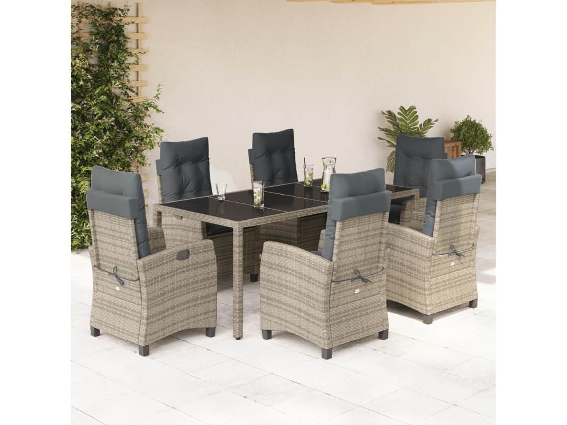 Vidaxl 7 Pcs Conjunto de Jantar P/ Jardim C/ Almofadões Vime Pe Cinza
