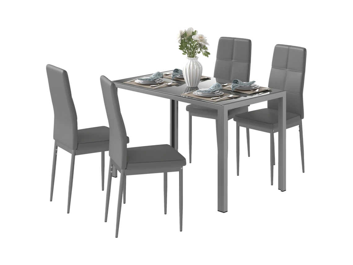 Conjunto de Jantar 5 peças com mesa e 4 cadeiras em couro sintético, metal e vidro temperado cinza BTFORUS