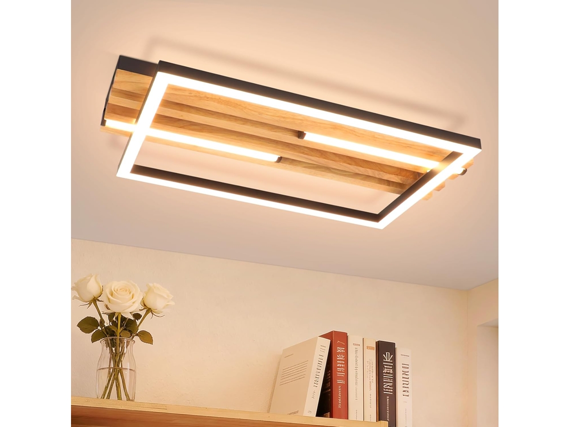 Luminária De Teto Led Moderna Nettlife De 38 Cm E 24 W, Em Madeira, Retangular, Preta, 3000 K Branco Quente, Ideal Para Sala De Estar, Quarto