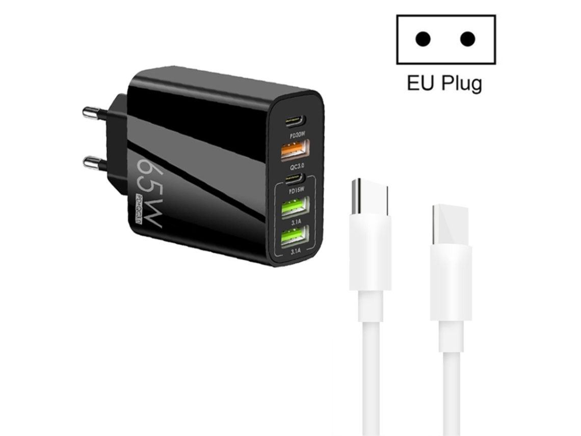 Carregador 65w Dual Pd Tipo C + 3 Usb multiporta com 3a Tipo C para Cabo de Dados Tipo C, plugue UE preto XIAOMOYU