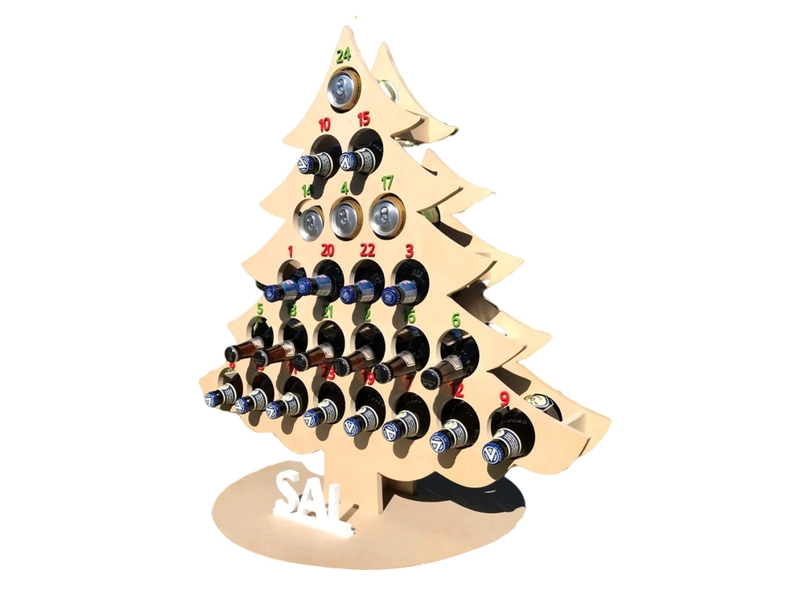 KOFIHETY Calendário do Advento de Natal de 24 dias com porta-copos, árvore de Natal de madeira, mini garrafa, porta-vinhos, decorações e presentes.