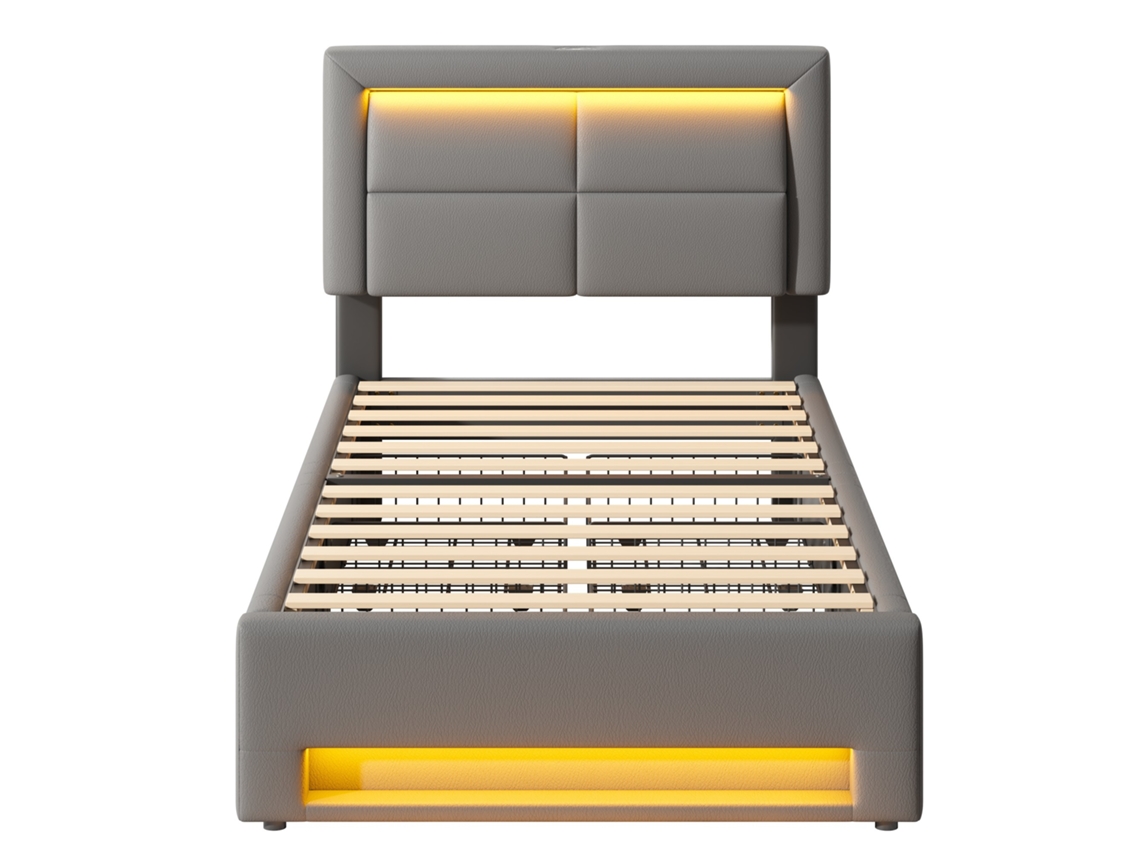 Cama estofada 90x200cm com Usb, iluminação led, 4 gavetas, pu litchi cinza, sem colchão, para quarto moderno PAPRIKA