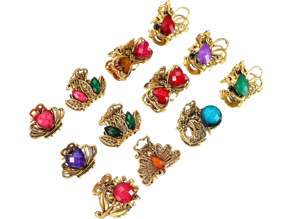 Conjunto de 12 mini presilhas de cabelo em acrílico com faixa metálica e design vintage em formato de garra.