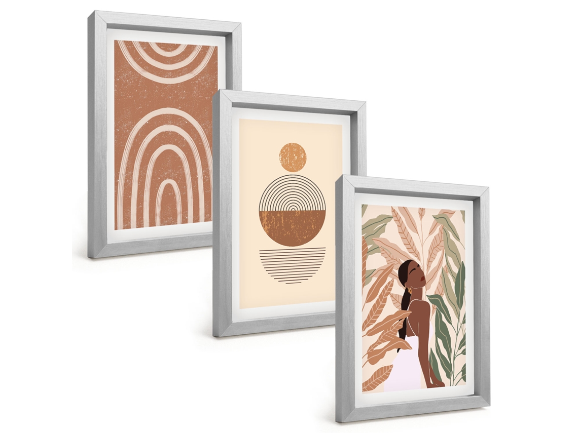 Composição De Quadros Padrões E Geometria De Plantas Estilosas Espelharte (3 Peças 20x30 Cm)