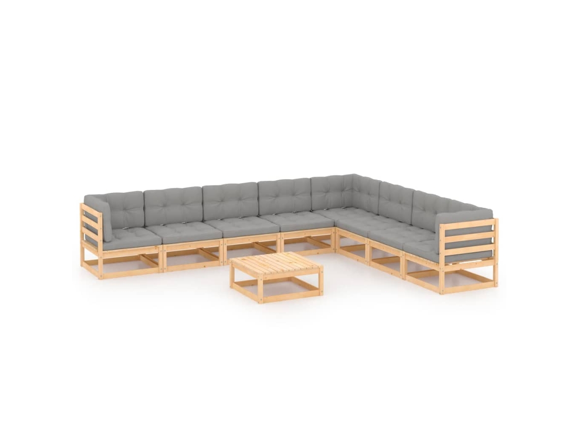 Vidaxl 9 Pcs Conjunto Lounge De Jardim C/ Almofadões Pinho Maciço