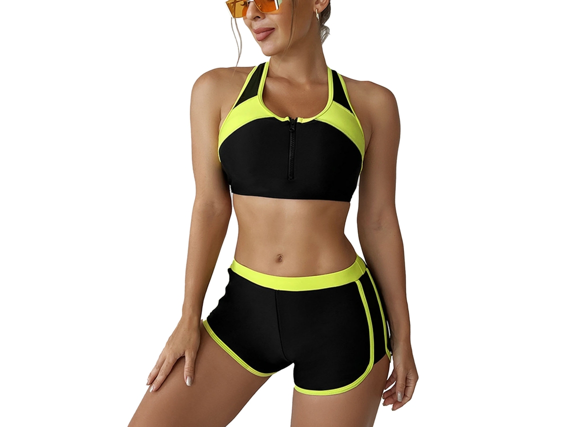 Traje de Banho Two Piece Racerback Color Blocking Preto XL
