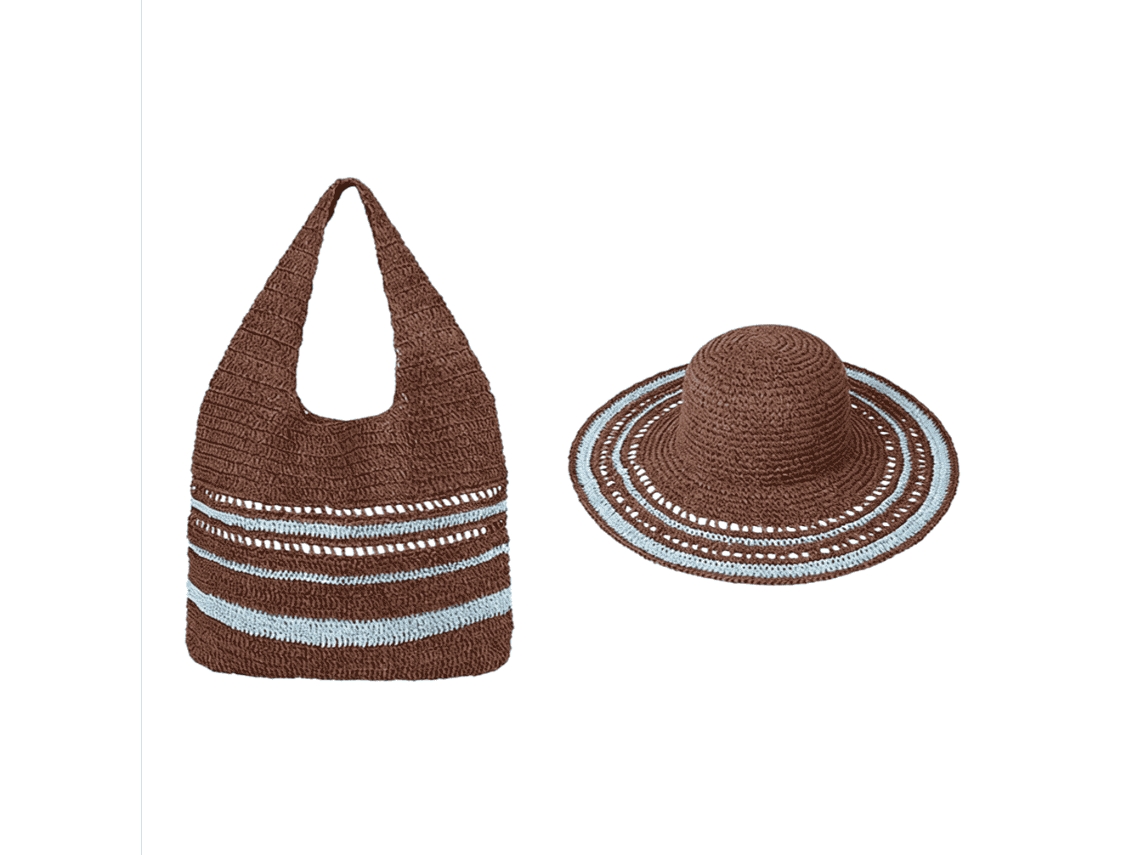 Chapéu De Praia De Crochê, Chapéu De Sol Com Alça Dobrável E Grande Aba, Com Uma Bolsa Grande De Ombro, Cor Café Com Listras Azuis