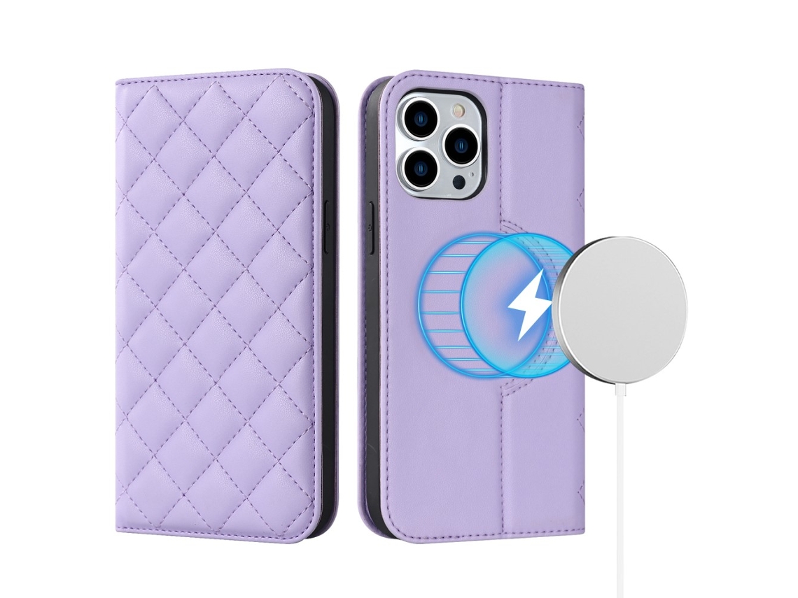 Capa Bloqueio Rfid Magsafe Para Iphone 12 Pele Sintética Magnética Com Porta-cartões Roxo