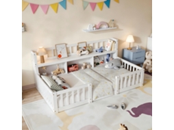 Cama Baixa Infantil Montessori 90x200cm - Prateleira,3 Espaços Armazém,grade Completa,suporte Lastras,branco,ROSAHQNDA
