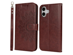 Capa Tipo Carteira De Couro Texturizado Com Alça Para Iphone 16, Marrom Escuro