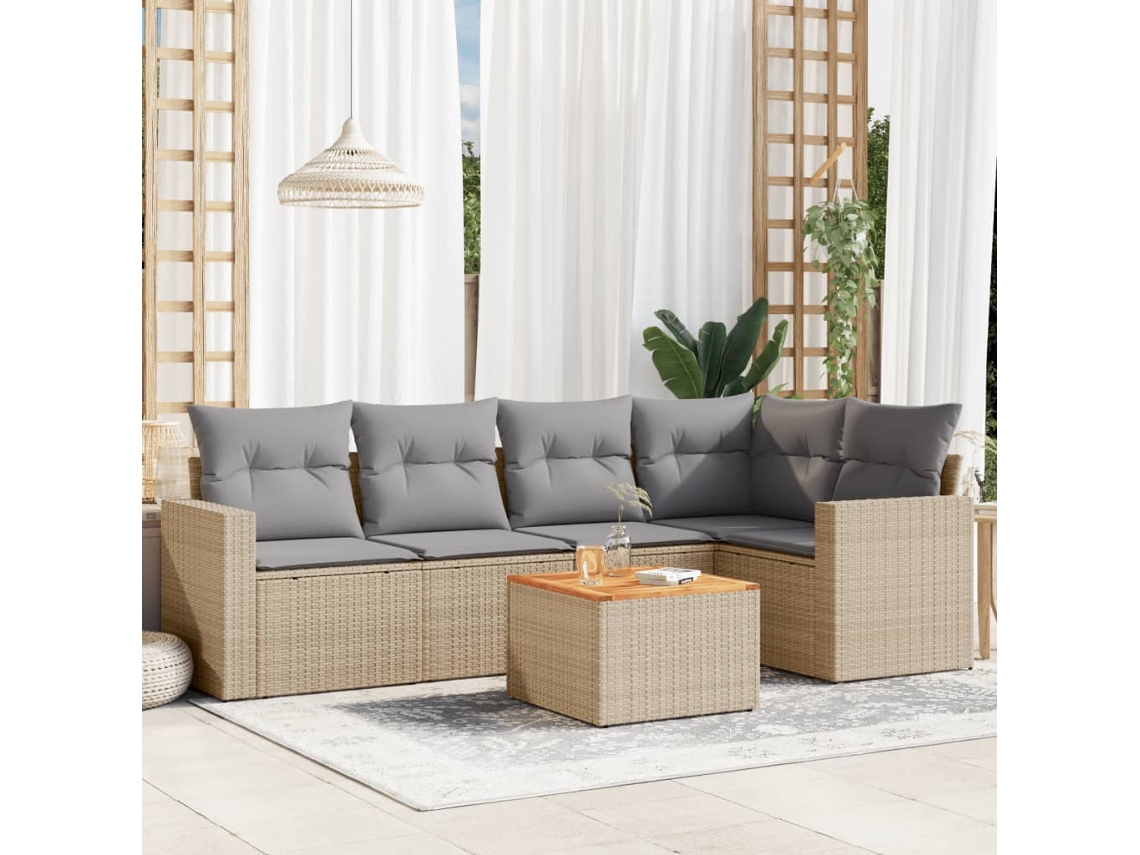 Vidaxl 6 Pcs Conj. Sofás Jardim C/ Almofadões Vime Pe Bege Misturado