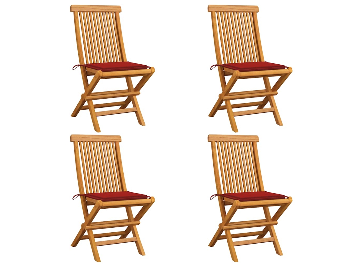 Vidaxl Cadeiras De Jardim C/ Almofadões Vermelhos 4 Pcs Teca Maciça