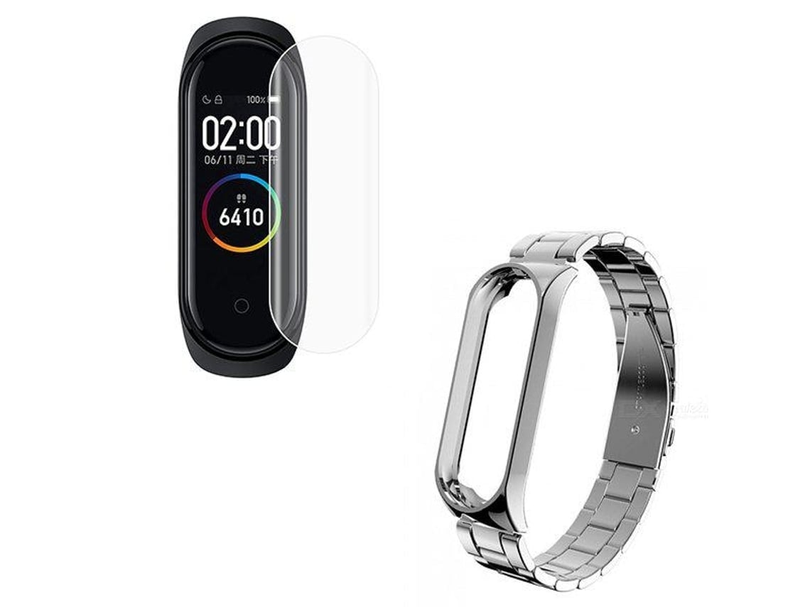 Kit Pulseira Bracelete Aço Stainless Lux Ferramenta Película Protectora Ecrã Gel Full Cover Xiaomi Mi Band 5 Cinza