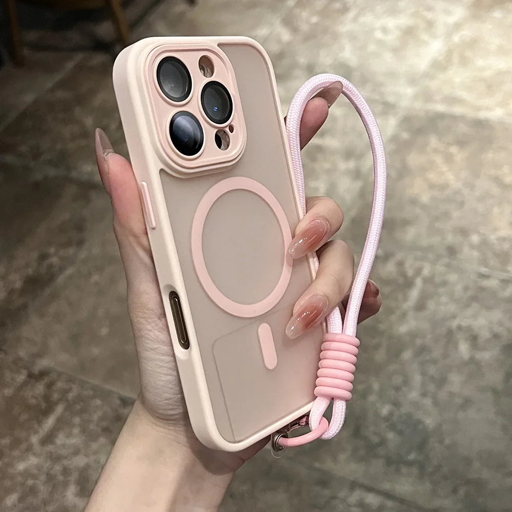 (iphone 13 Rosa) Capa Magnética Transparente Fosca Para Celular Com Cordão