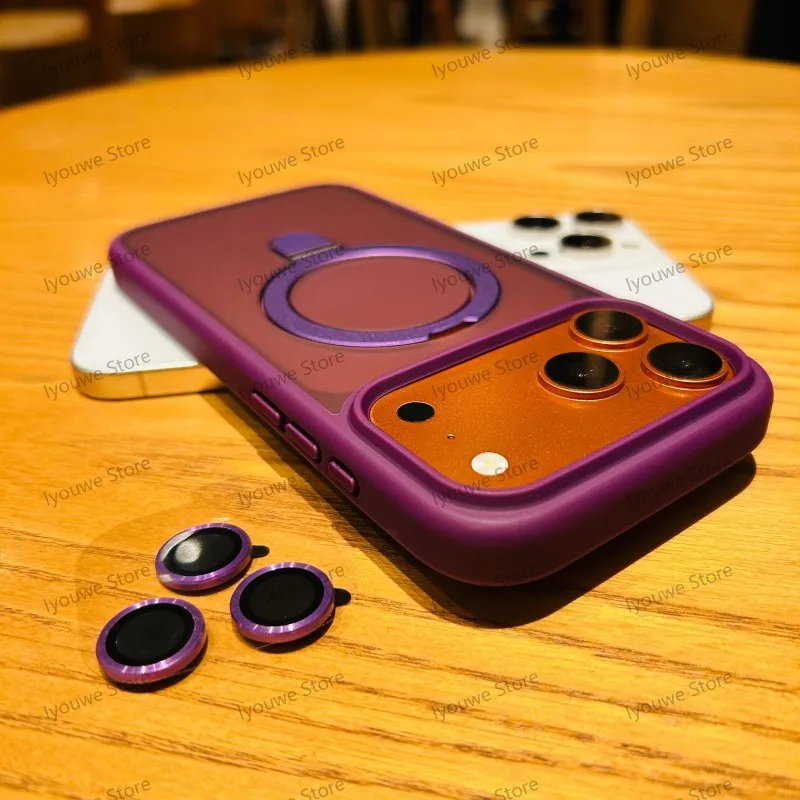 Capa Magnética De Metal Brilhante Para Iphone 14 Plus (roxa) Com Suporte.